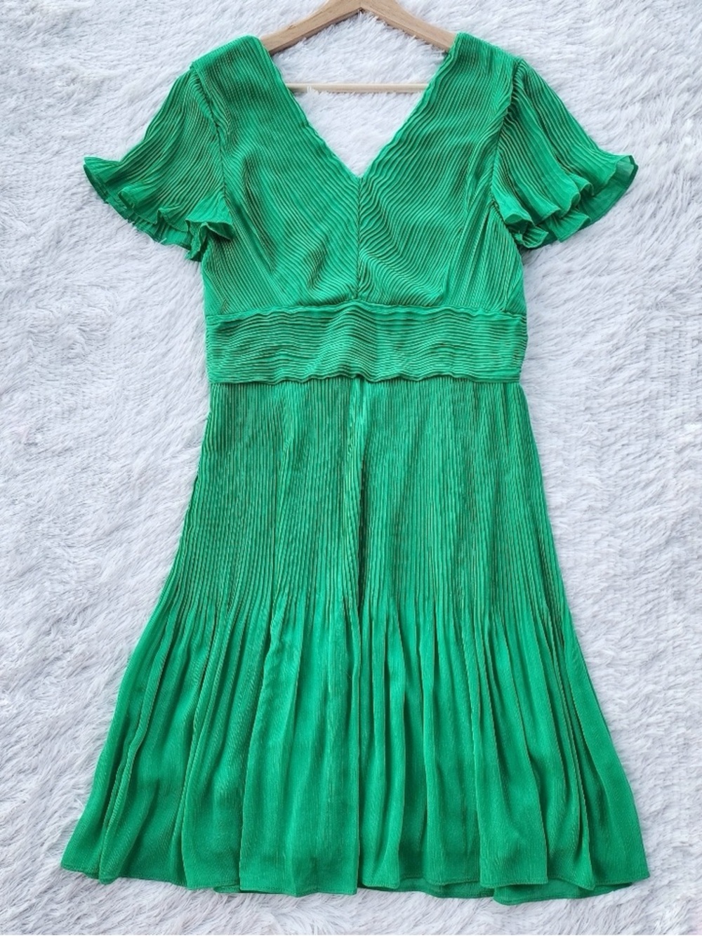 Dkny Green Pleated V-Neck Dress